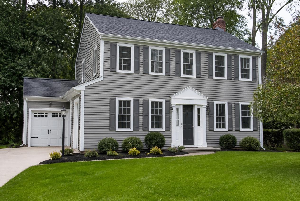 Two-story colonial home with new gray vinyl siding and white trim