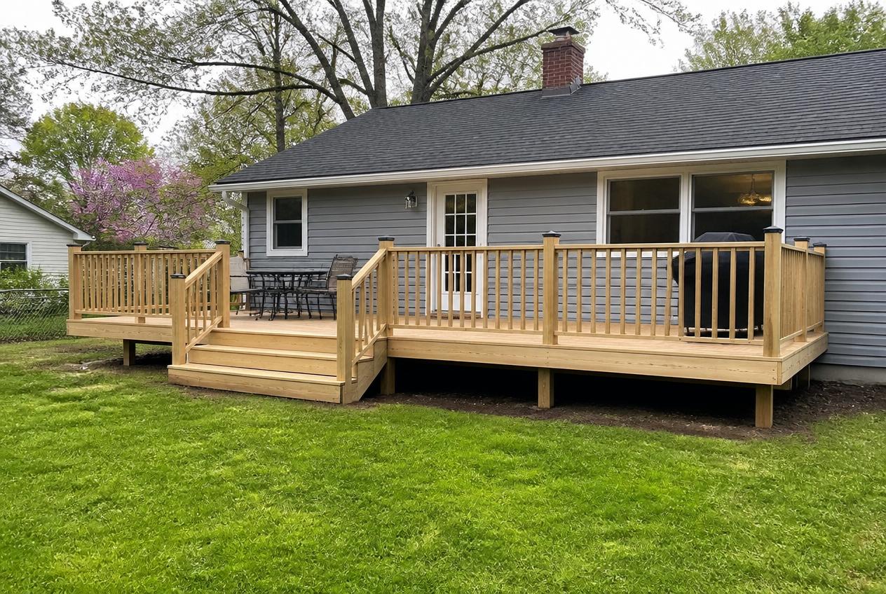 Finished pressure-treated wood deck with railings on a suburban home