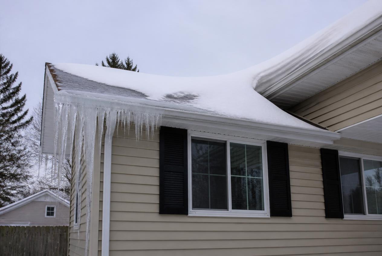 Roof eaves cleared of an ice dam after winter snow removal