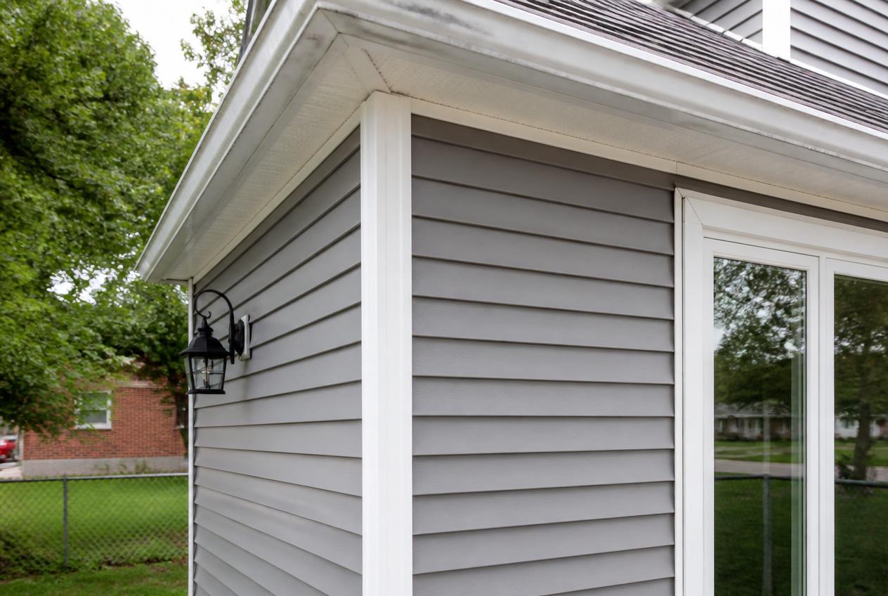 Detail of a vinyl siding outside corner post and J-channel
