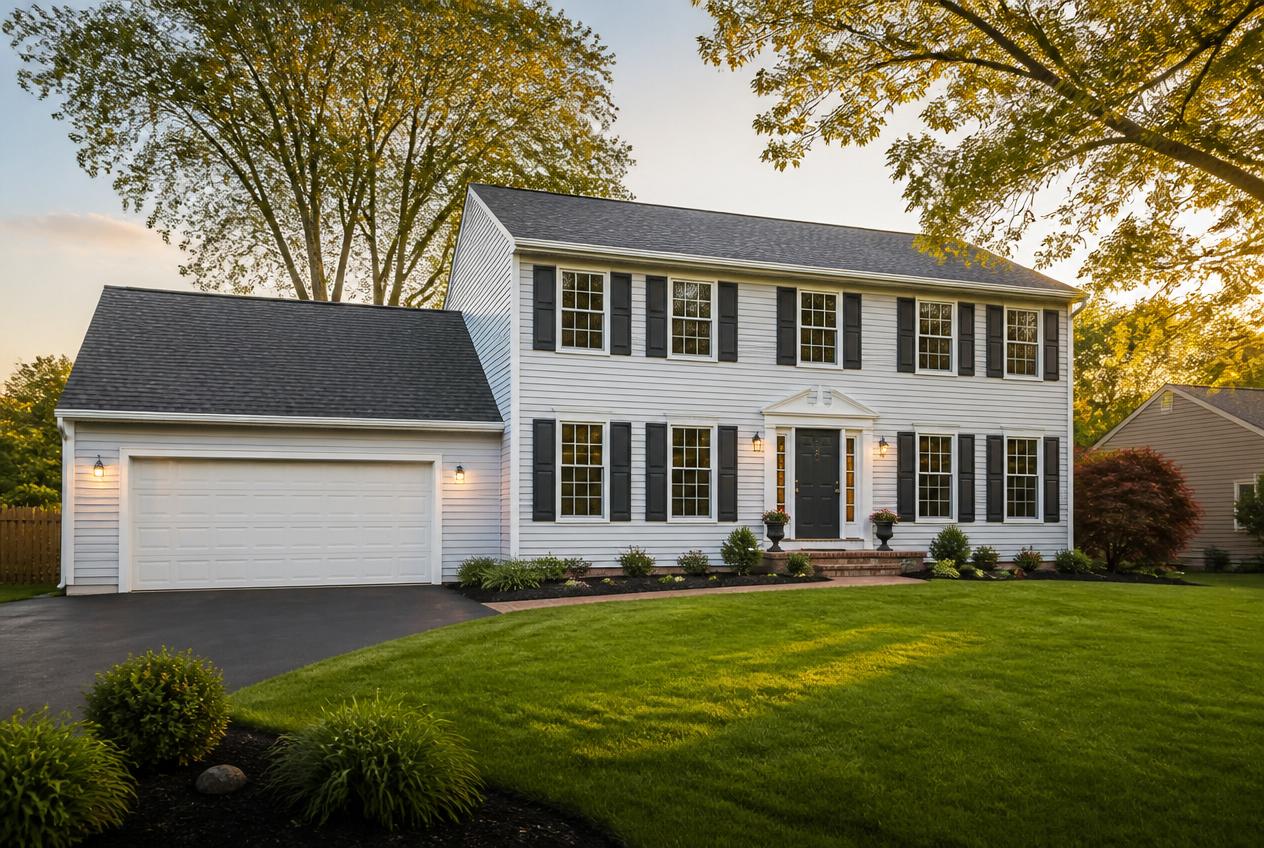 Colonial home exterior with new roof, siding and gutters
