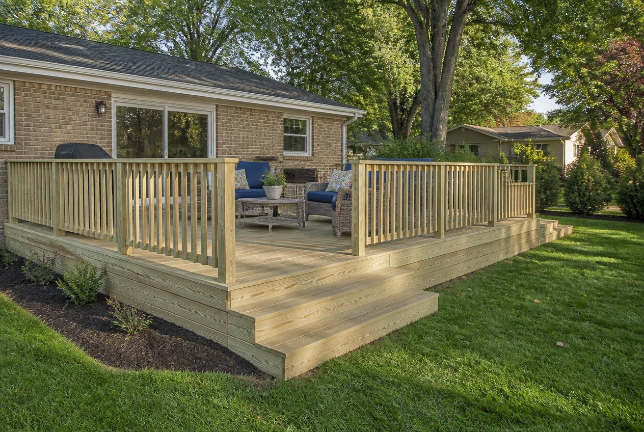 New pressure-treated wood deck with railings off the back of a ranch home