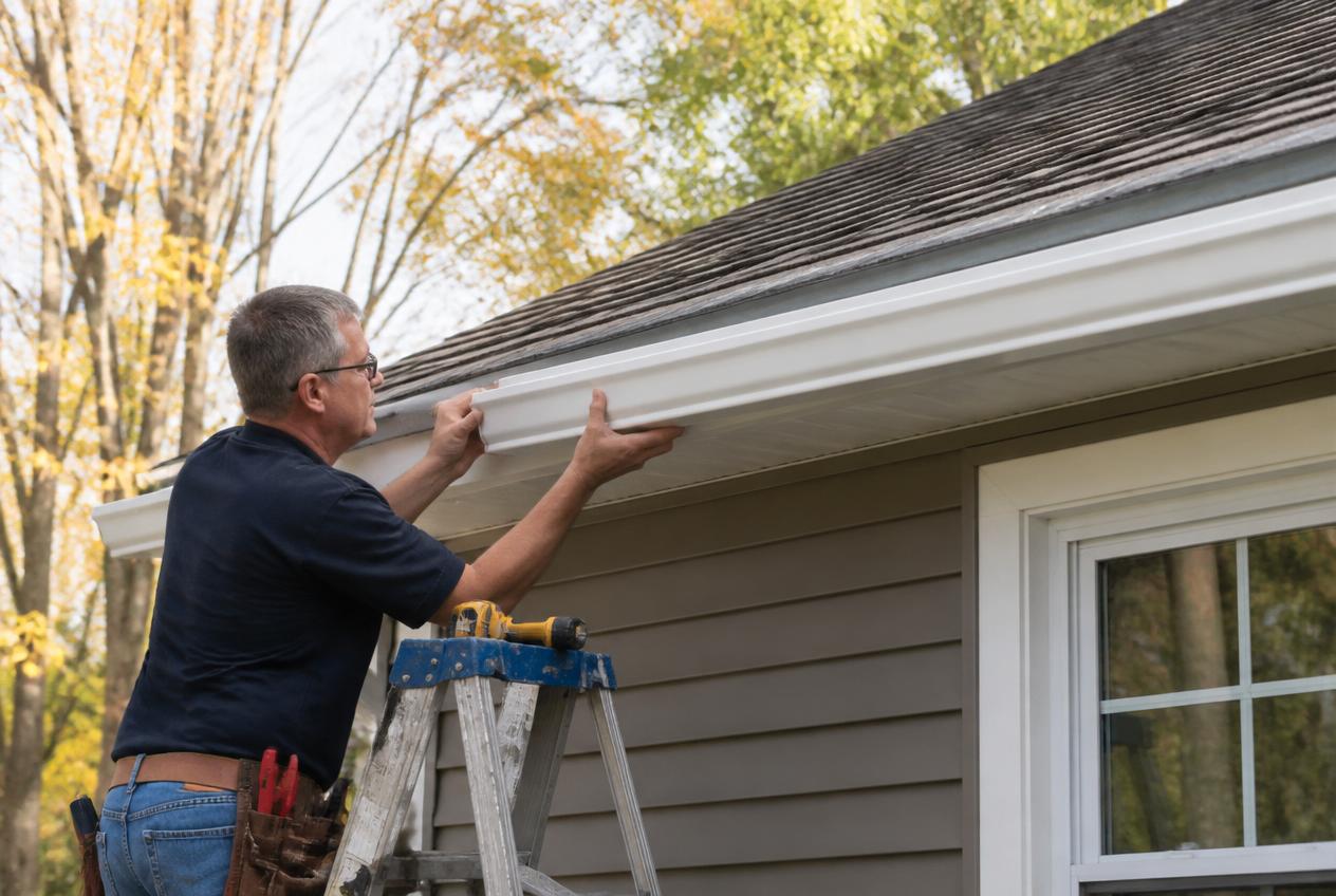 Contractor fastening a seamless aluminum K-style gutter to a fascia board