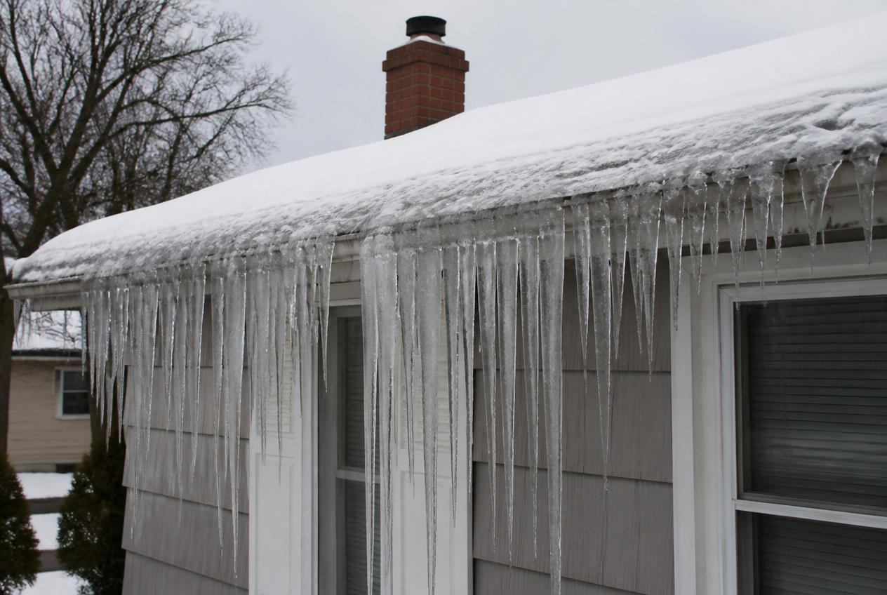Ice dam and icicles along the eaves of a snow-covered roof