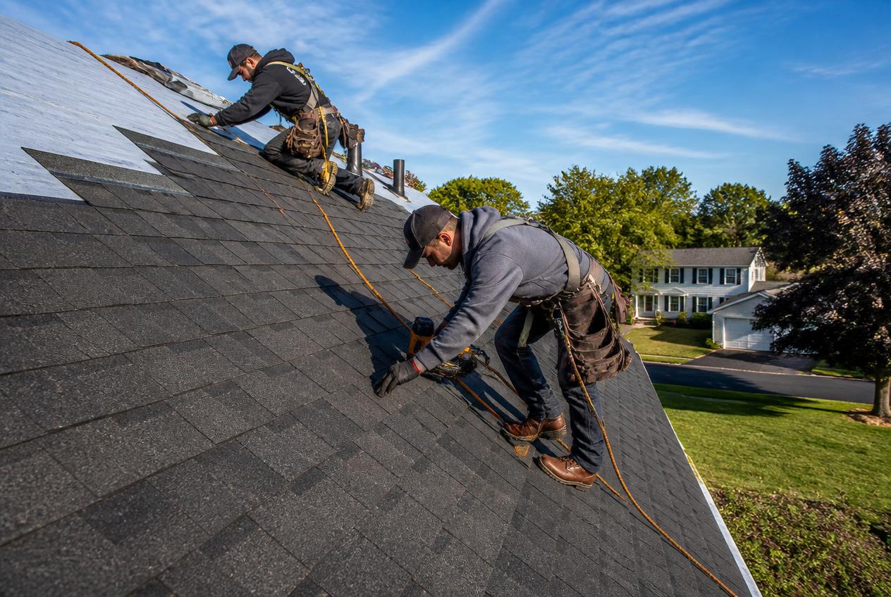 Roofers installing charcoal architectural asphalt shingles on a steep residential roof