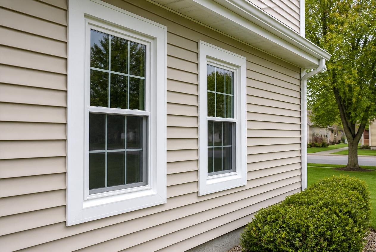 White vinyl double-hung replacement windows on a colonial-style home